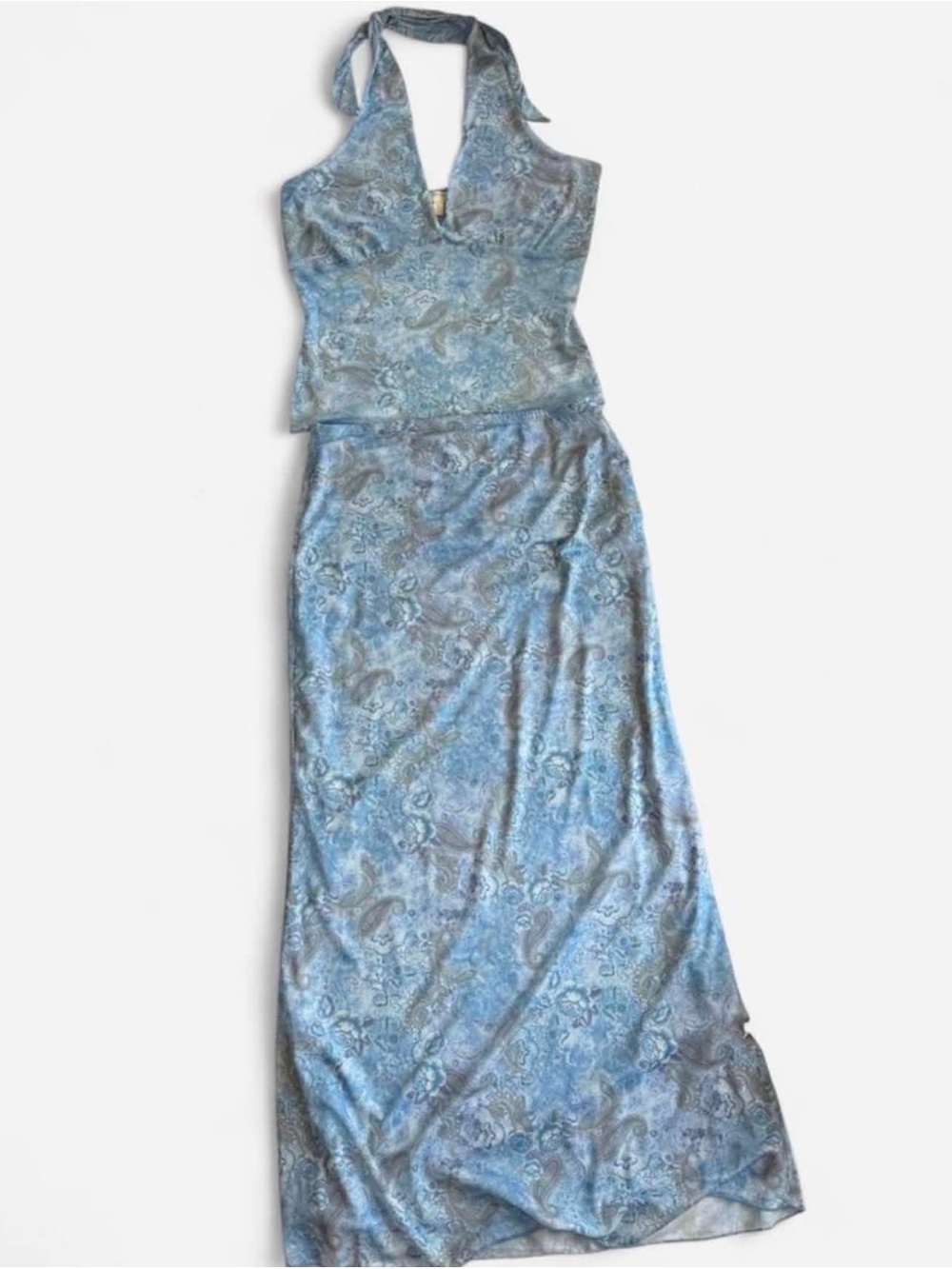 See You Monday Blue Paisley Halter Top & Maxi Skirt Set Y2K - Size L - New